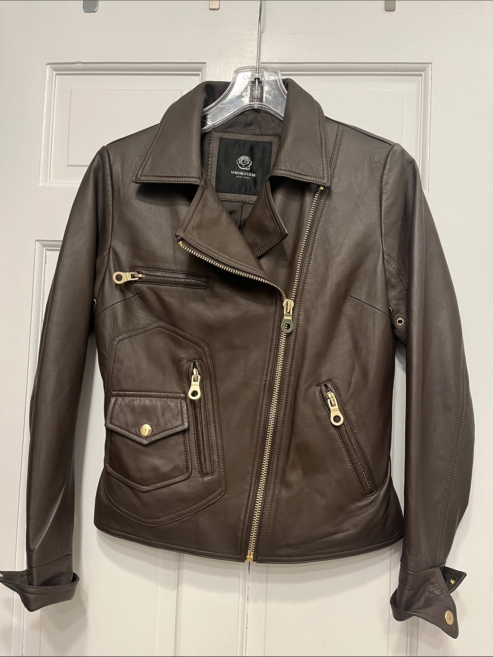 Uniquism Brown Distressed Genuine Leather Hooded Moto Bomber Jacket - S
